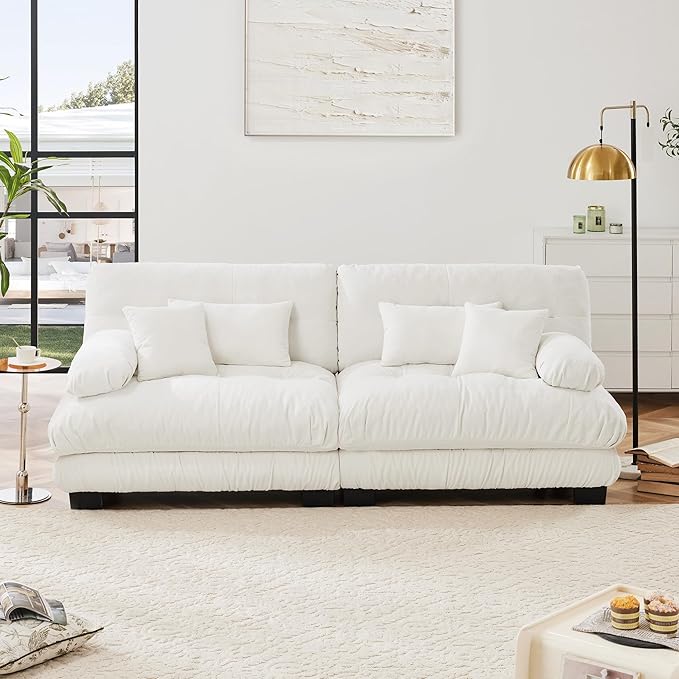 Loveseat Modular Sectional Sofa, Cloud Couch 2 Seater Sectional Couch Home Sofa Living Room Oversized Couch, Modern Deep Seat Couch with Chaise with Round Bolster Armrests 4 Pillows(White)