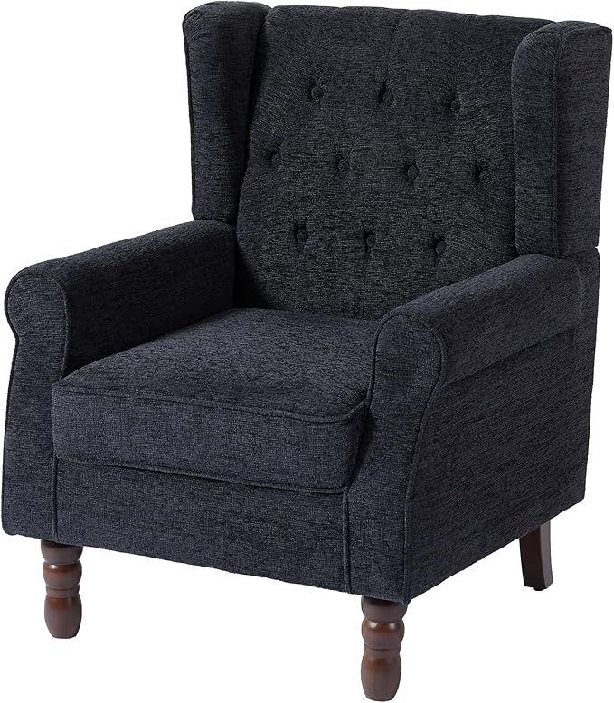 UIXE High Back Accent Chair, Upholstered Armchair in Fabric, Retro Wingback Arm Chair for Living Room, Comfy Single Sofa Bedroom Reading Seat with Solid Wood Legs - Black Blue