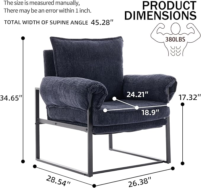 YISHENG Accent Chair with 6-Angle Adjustable Backrest, Chenille Fabric Living Room Chair Upholstered Lounge Chair, Modern Chair Cozy Reclining Chair for Reading Room, 1PC Dark Blue