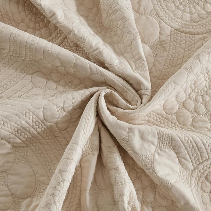 MarCielo 3-Piece 100% Cotton Oversized Bedspread Lightweight Quilt Coverlet Embroidery Farmhouse Bedding (Tf Khaki Beige, Oversized King (118"x106"))
