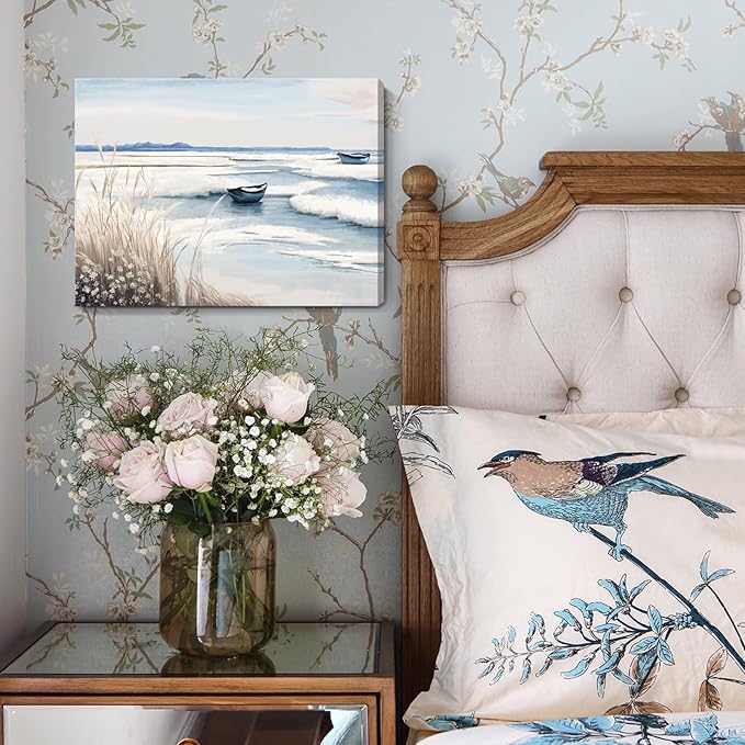 amatop Coastal Wall Art - Nautical Ocean Canvas Print with Light Blue & White Seascape, Boat, Reeds - Beach Picture for Modern Farmhouse, Lake House, Bedroom, Bathroom, Beach-Themed Artwork,16x12