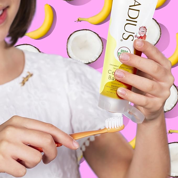 RADIUS USDA Organic Kids Toothpaste 3oz Non Toxic Chemical-Free Gluten-Free Designed to Improve Gum Health for Children's 6 Months and Up - Coconut Banana - Pack of 3