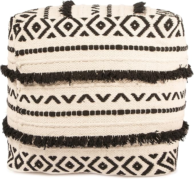 REDEARTH · Tufted Pouf Ottoman with Filler Textured Storage Cube Bean Bag Pouffe Footrest for Living Room, Bedroom, Nursery, Kidsroom; 100% Cotton (17.5"X17.5"X17.5", Geometric Craft Black)