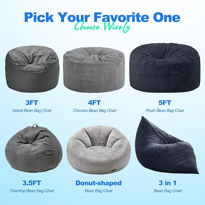 Hobestluk 3 in 1 Bean Bag Chair Giant Bean Bag Chairs for Adults with Plush Faux Fur Cover Convertible Bean Bag Floor Cushion with Machine Washable Cover for Living Room (Plush Dark Grey)