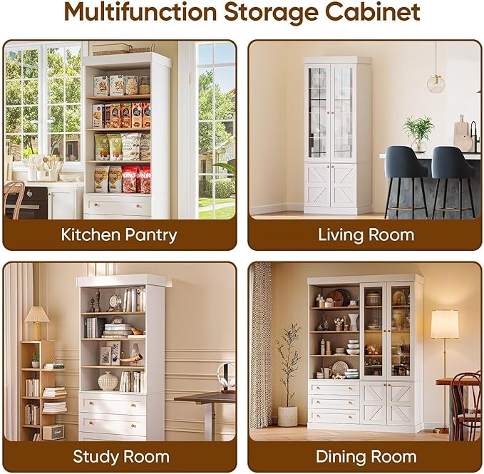 Vyre 71" Tall Farmhouse Bookshelves with Drawers, Set of 4 – Large Modular Bookcase with Adjustable Shelves, Storage Cabinet for Living Room, Kitchen, Home Office, White