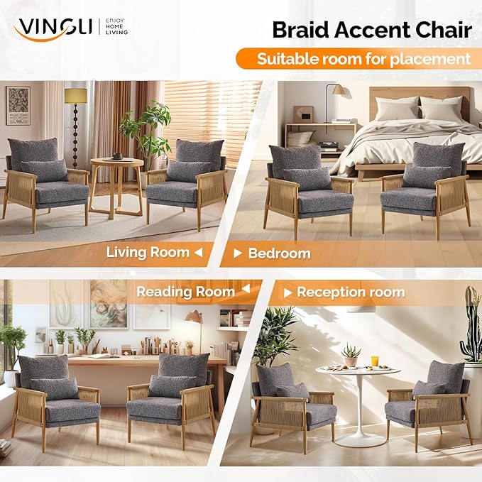 VINGLI Boho Braid Accent Armchairs Set of 2,Mid-Century Modern Chiars with Solid Wooden Armrest,Comfy Louge Cushion Chairs with Waist Pillow for Bedroom,Living Room,Reading Room, Gray