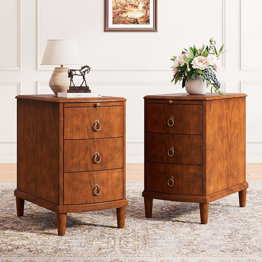 Set of 2 Solid Wood End Table with 3 Drawers, Fully Assembled Nightstand with Sliding Shelf, Pre-Assembled Vintage Wooden Beside Tables In Cherry Brown for Small Space,13.4*22.4*22.6in