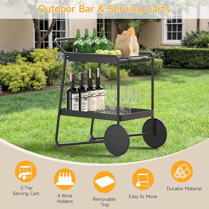 Outdoor Grill Cart Table with Extra-Large Wheel, 24" x 16" Removable Tray & Ergonomic Handle, Indoor and Outdoor Pizza Oven Table for Garden Patio BBQ Kitchen Food Prep Cart for Party