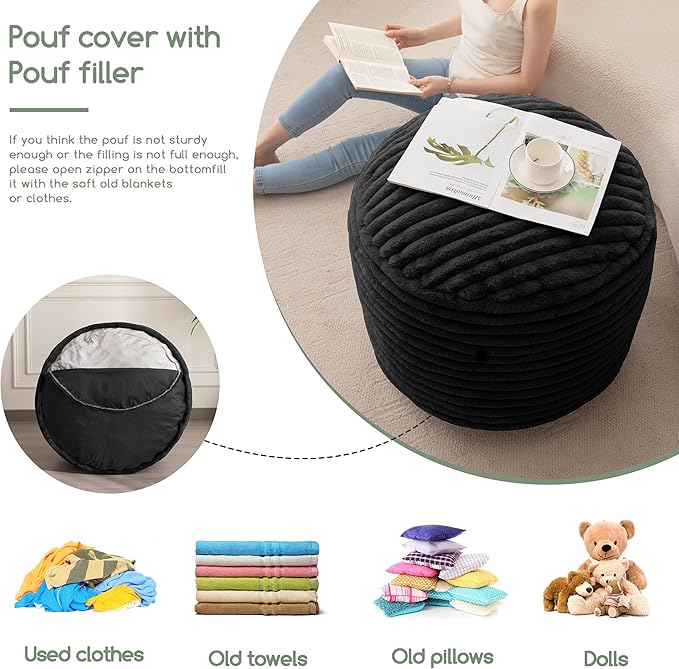 HIGOGOGO Round Stuffed Pouf Ottoman, Stripe Faux Fur Poufs with Foam Chunk Filling, Furry and Fluffy Pouf Foot Stool Storage Ottoman, 26 X 18 Floor Poufs Foot Rest for Living Room, Black
