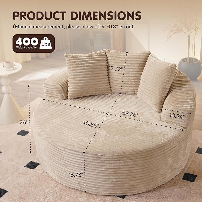 ovios 58" Oversized Round Chair Lounge Chaise Indoor, No Assembly Required, Cloud Large Circle Chair with Plush Fuax Fur, Fluffy Modern Sleeper Sofa Bed for Reading Yoga, Beige (Plush Corduroy Fabric)