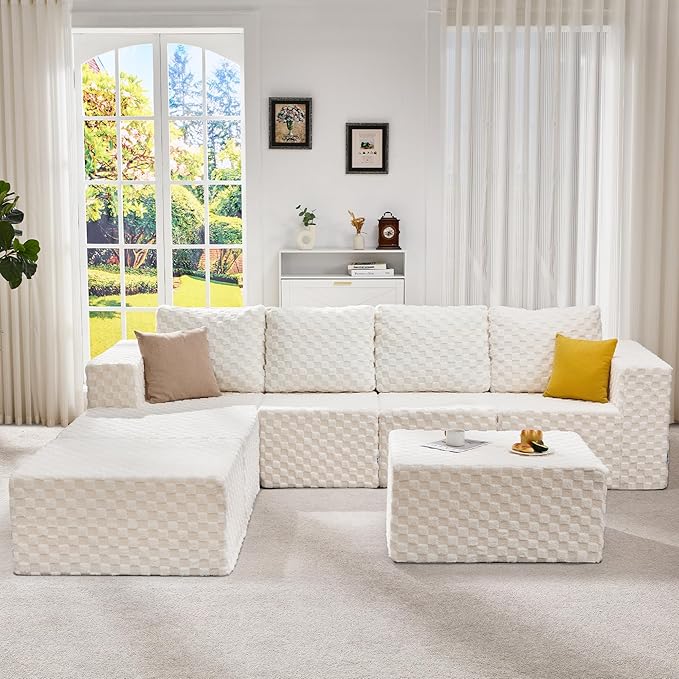 Hobestluk Modular Sectional Sofa Memory Foam Couch Sofa Bed Loveseat with Chaises Cloud Couch with Removable Cover Large Sectional Couches for Living Room (Plush White, Sofa Bed)