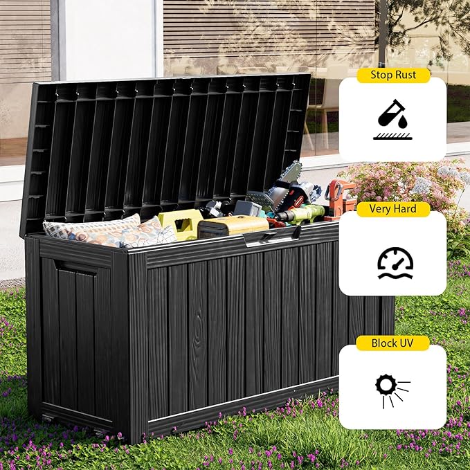 75 Gallon Resin Deck Box, Lockable Outdoor Storage Box for Patio Cushions Storage Furniture,Garden Tools, Pool Supplies, Weatherproof and UV Resistant(Black)