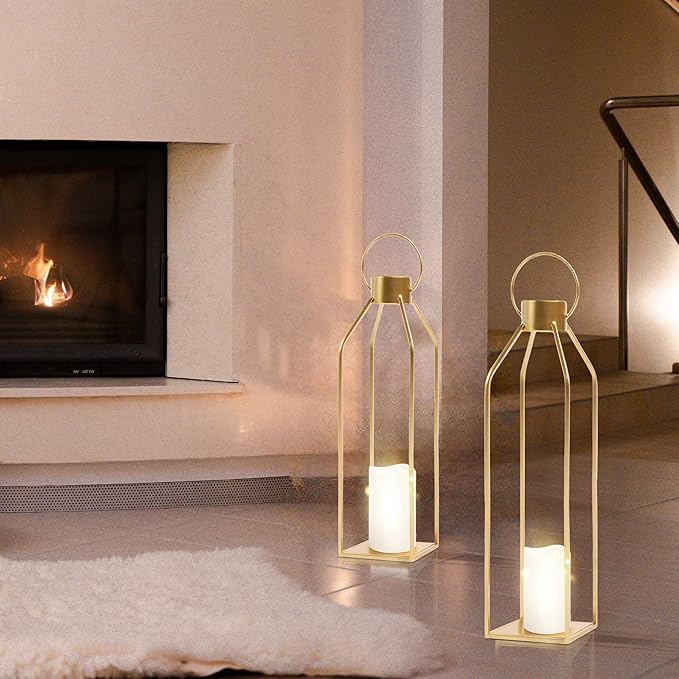 HPC Decor Modern Farmhouse Lantern - 22'' 19'' Large Tall Gold Metal Candle Lanterns with Timer Flickering Candles for Living Room, Outdoor, Fireplace Mantle Decor