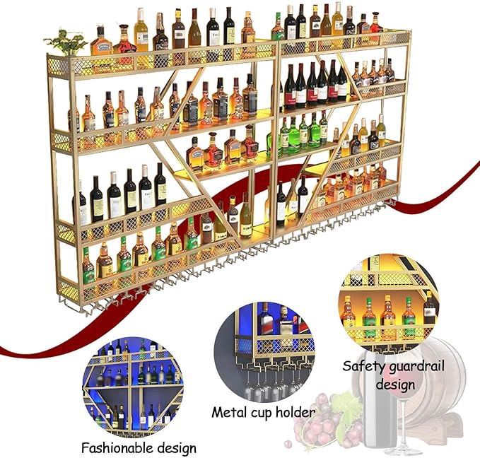 Wall Mounted Wine Rack with Glass Holder, 3-Tier Metal Storage Shelf, Black Diamond Design, Wine Bottle Display with Stemware Storage (Black, 39.37in/Left)