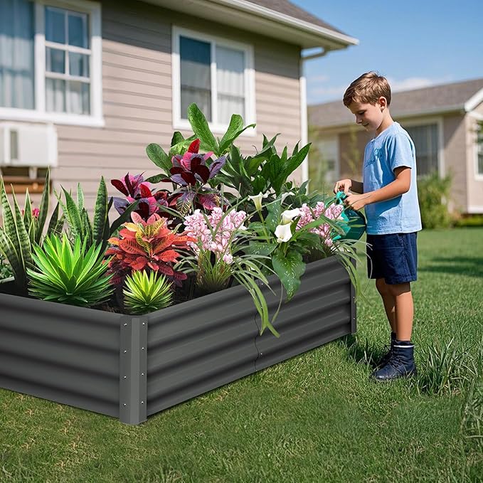 Galvanized Raised Garden Bed Outdoor, 2 Pcs 6x3x1FT Outdoor Large Planter Raised Beds Open Base with Safety Edge and Glove for Vegetables Flowers Ground Planter, Dark Gray