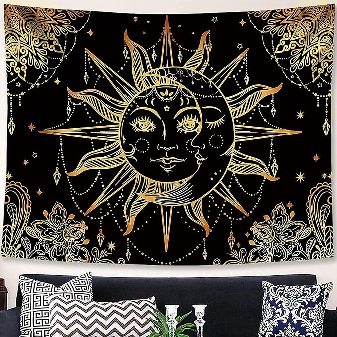 Lunerfex Hippie Sun and Moon Tapestry Bohemian Tapestry Aesthetic Cute Tapestries for Bedroom and Living Room Decor Sun 60×80 Inches