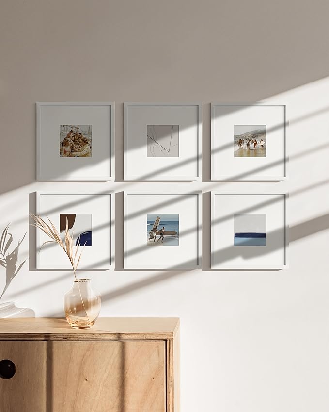 HAUS AND HUES 10x10 White Metal Picture Frames Matted to 5x5 - Features Premium Aluminum & Hanging Hardware, Shatterproof Plexiglass - Ideal for Home, Room, Office (10x10 in, White, Set of 6)