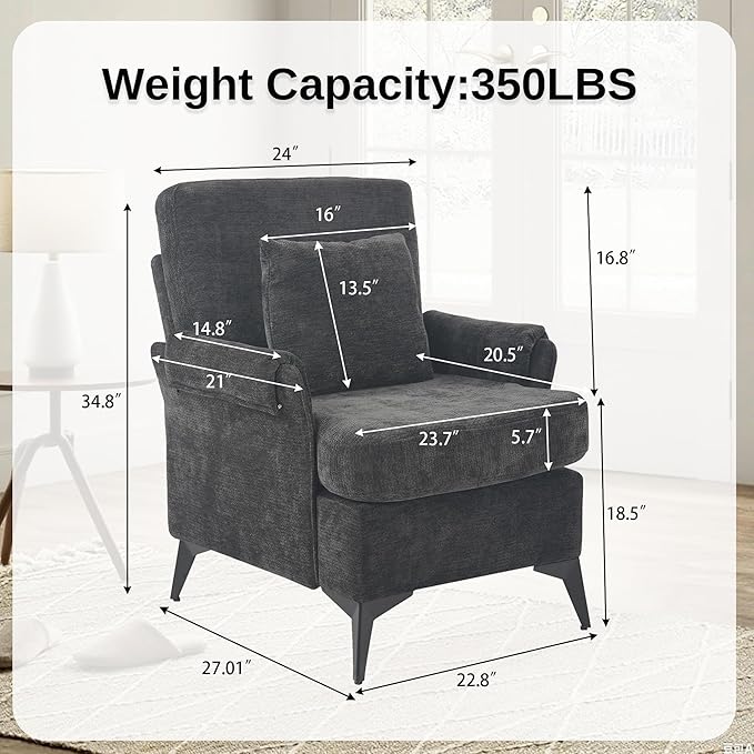 KCC Mid-Century Accent Chairs,Chenille Modern Upholstered Single Sofa,Cozy Armchair with Back for Bedroom/Office/Cafe,Black