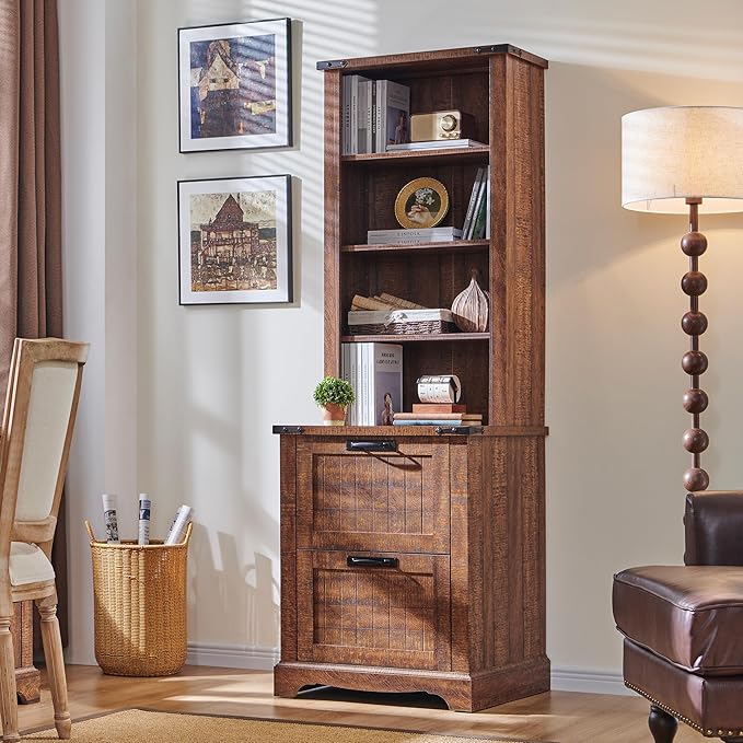 RedLemon Bookcase with 2 File Drawers, 72" Tall Farmhouse Bookshlef with Storage and Adjustable Shelves, 4 Tier Rustic Wood Bookshelf with Cabinet for Office, Living Room (Reclaimed Barnwood Color)