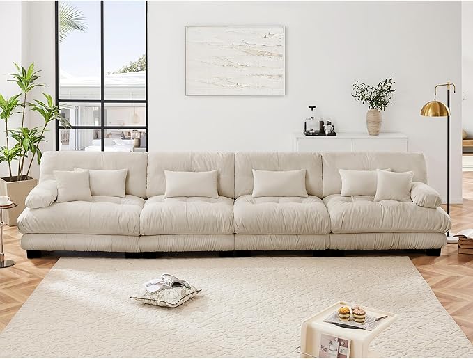 Modular Sectional Sofa Cloud Couch 4-Seater Deep Seat Sofa Couch, Oversized Couch Bed Sectional Couch with Round Bolster Armrests 6 Pillows, Modern Sofa Chair Comfy Couch