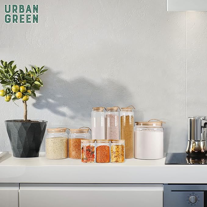 Urban Green Glass Jars with Airtight Lids, Airtight Glass Canisters with Locking Lids, (Bamboo-6P-26oz)