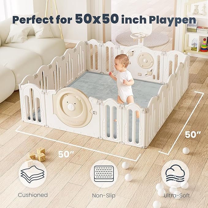 ACOMOPACK Baby Play Mat for Floor 1.3" Thick Memory Foam 50x50 Soft Velvet Playpen Mat for Kids,Infants,Toddlers,Tummy Time Crawling Mats with Non-Slip Bottom,Yoga,Tatami,Nursery Rug(Light Grey)