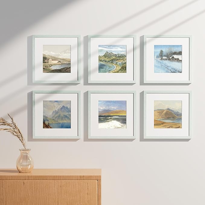 Vittanly 12x12 Picture Frames Set of 9, Shatter Resistant Plexiglass, Display 8x8 Pictures with Mat or 12x12 without Mat, Photo Frames for Wall Mount, Engineered Wood, Vintage Green