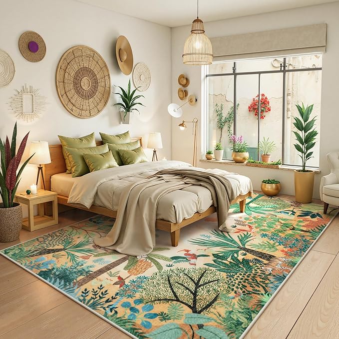 LIVEBOX Large 9x12 Forest Area Rug for Living Room, Soft Washable Sun Yellow Rugs for Bedroom, Non Slip Ultra Thin Floor Carpet Jungle Animal Print Rugs for Dining Room