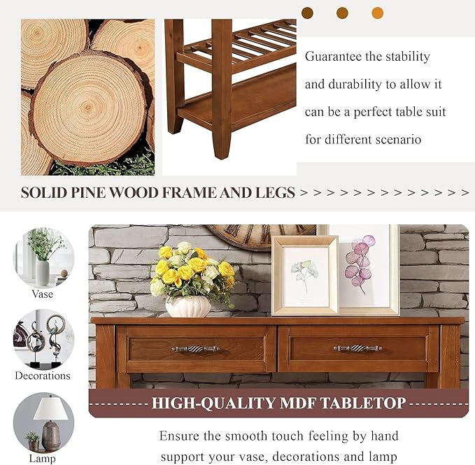 Solid Wood Console Table Entryway Table with Storage Drawers and Shelves Sofa Tables (42" Brown)