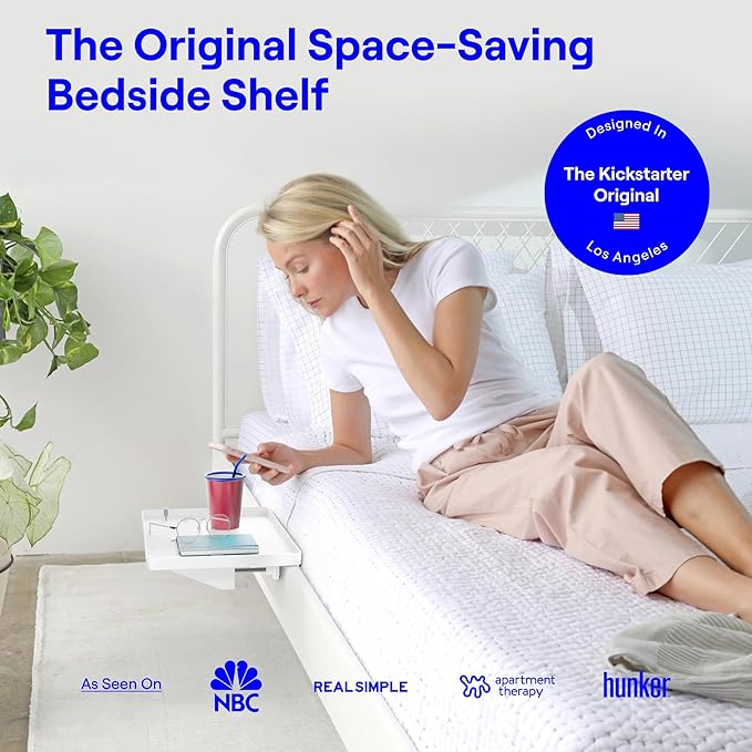 BedShelfie Bedside Shelf for Dorm Room Bunk Bed & Top Bunk, College Dorm Room Essentials, Bedside Caddy, Clip on Floating Desk Tray, Bed Side Table Storage, Loft Nightstand Decor - Cable Catch, White