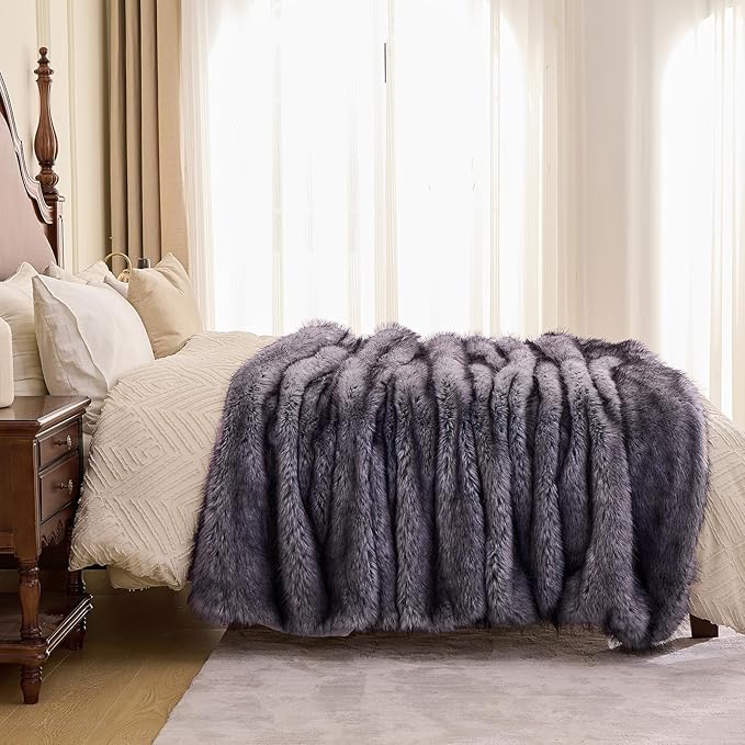 Fluffy Faux Fur Throw Blanket – Super Soft Warm Thick Plush Blanket for Bed, Couch & Office, Cozy Fuzzy Throw with Flannel Backing,50"x60", Grey