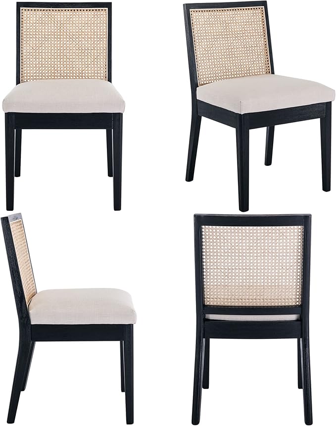 VESCASA Upholstered Dining Chairs with Square Rattan Back, Armless Padded Linen Cushion Dining Chairs with Wood Legs for Dining Room, Kitchen, Set of 6, Black Frame