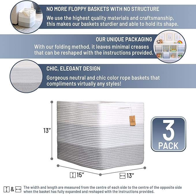 NaturalCozy 13x15x13 Kallax Storage Cubes Bins, 3 Pack | Cotton Rope Cube Storage Bin Woven Baskets for Organizing | Kallax Insert Storage Baskets for Shelves Organizer, Kids Toy, Closet Baby Nursery