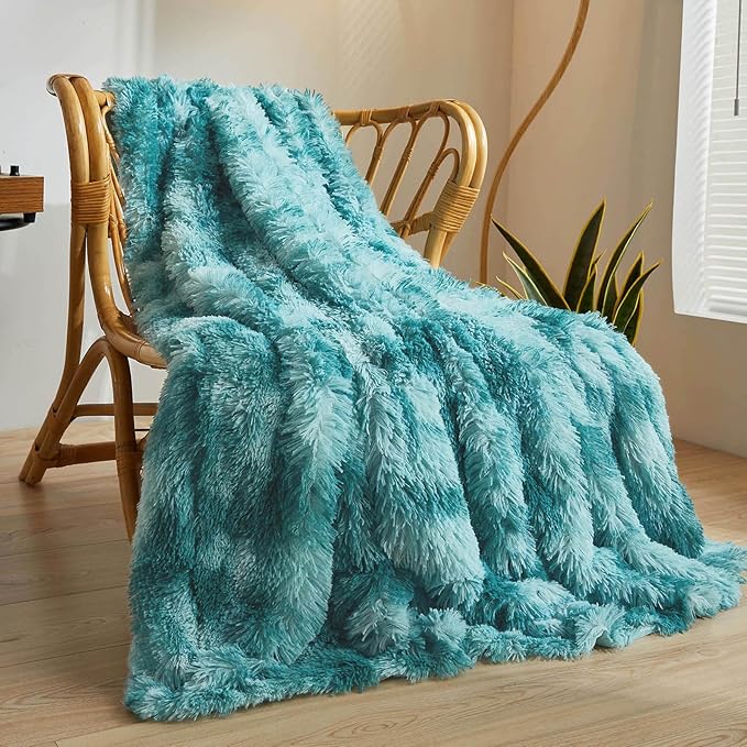 XeGe Luxury Faux Fur Blanket, Tie Dye Teal Soft Fluffy Throw, Shaggy Plush Decorative Couch Blanket, Turquoise Bed Furry Fuzzy Throw for Bedroom Living Room, Tie Dye Teal, 60x90