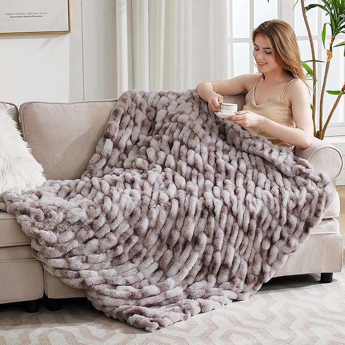 Ultra Soft Luxury Faux Fur Throw Blanket for Counch,Fuzzy Fluffy Plush Warm Cozy Elegant Wrinkled Blanket for Sofa Bedroom Living Room,(50"x60",Tie-dye Taupe)