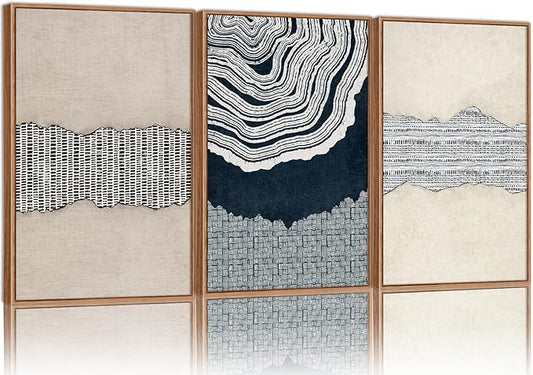 SIGNINART Blue and Beige Framed Canvas Wall Art Set, Neutral Abstract Tree Ring Wall Decor, Minimalist Dots and Line Artwork, Geometric Pattern Art Paintings for Living Room, Bedroom, Office 16"x24"x3