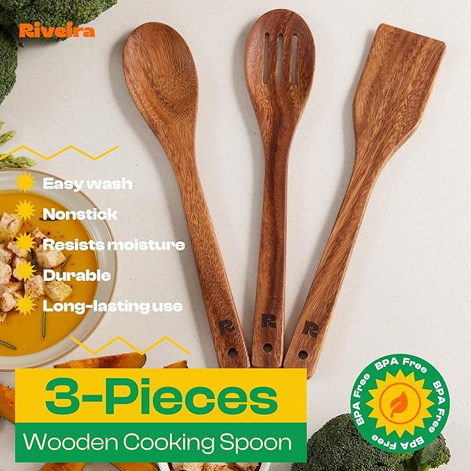 Riveira Walnut Wooden Spoons for Cooking Set of 3 – Natural Walnut Wooden Cooking Utensils, Spatula, Spoon - Premium Quality Utensil Set for Non-Toxic Cooking