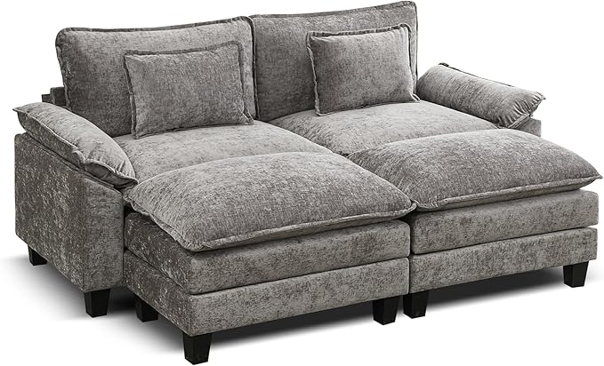 URRED Modular Sectional Sofa Comfy Cloud Couch, Modern Chenille Sofa Sleeper Deep Seat Couches with Ottoman/Pillows for Living Room (Gray, 82.6''- 2 Ottomans)