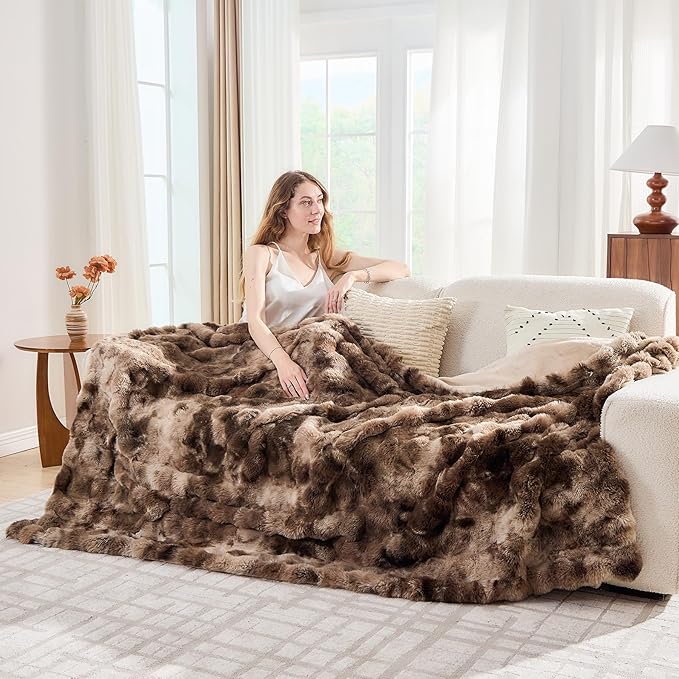 Lotus Karen Faux Fur Throw Blanket Tie-Dye Dark Coffee - Big Bubble Rabbit Fluff Blanket for Couch, Large Fluffy Fuzzy Cozy Blanket,Thick Furry Plush Shaggy Blankets,90x90 Inches