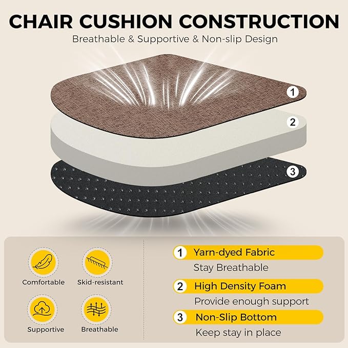 downluxe Indoor Chair Cushions for Dining Chairs, Soft and Comfortable Textured Foam Kitchen Chair Pads with Ties and Non-Slip Backing, 16" x 16" x 2", Brown, 2 Pack