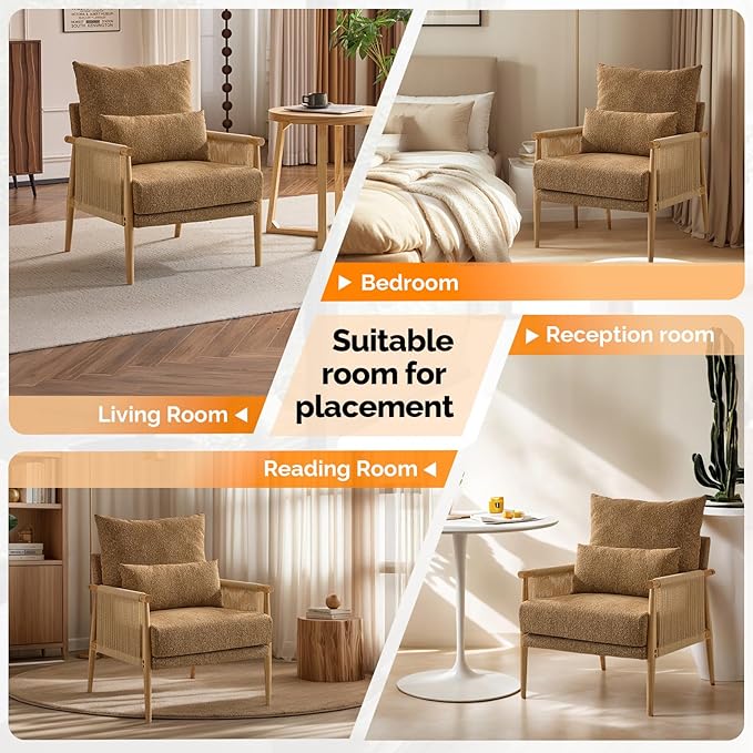 VINGLI Boho Braid Accent Armchairs Set of 2,Mid-Century Modern Chiars with Solid Wooden Armrest,Comfy Louge Cushion Chairs with Waist Pillow for Bedroom,Living Room,Reading Room, Khaki
