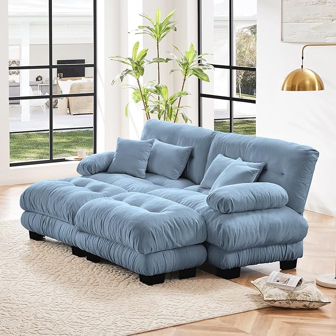 Modular Sectional Sofa, Comfy Cloud Couch Oversized Loveseat with Ottoman, Sectional Couches for Living Room, Modern Chenille U Shaped Couch, Sleeper Deep Seat Sofa with Throw Pillows, Blue