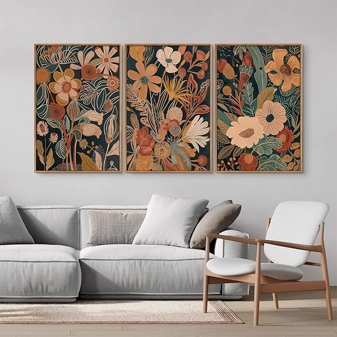 Tinonedraw Vintage Burnt Orange Floral Framed Canvas Wall Art Set of 3, Boho Chic Flower Artwork, Mid Century Modern Plant Wall Decor, Colorful Neutral Botanical Art Prints for Bedroom Living Room Office 16"x24"