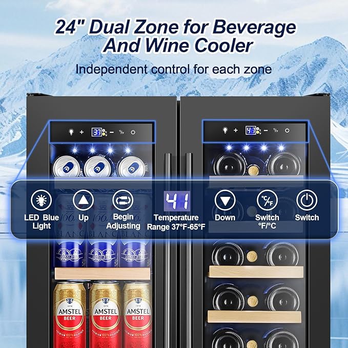 Wine and Beverage Refrigerator with Glass Door, 24-Inch Dual Zone Wine Fridge Under-Counter,4.6 Cu.Ft. 65 Cans and 20 Bottles Wine Cooler,Built-in or Freestanding Wine and Drink Fridge with Blue Light