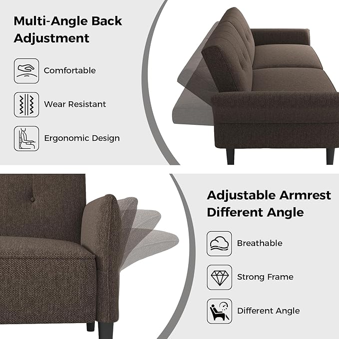 89” Futon Sofa Bed, Linen Comfy Futon Couch Bed with 2 Square Pillows, Convertible Sleeper Sofa with Adjustable Backrest& Armrests, Modern Loveseat Sleeper for Living Room, Bedroom, Brown