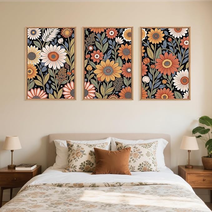 LHIUEM Large Abstract Boho Flower Framed Canvas Wall Art Set,Vintage Colorful Floral Wall Decor,Retro Wildfower Plant Painting,Botanical Artwork for Living Room,Bedroom,Dining Room,Office -16"x24"x3