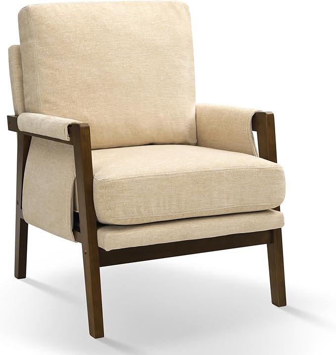 Modern Accent Chair for Living Room Mid Century Arm Chair Upholstered Bedroom Chair Comfy Lounge Chair with Solid Wood Frame, Beige