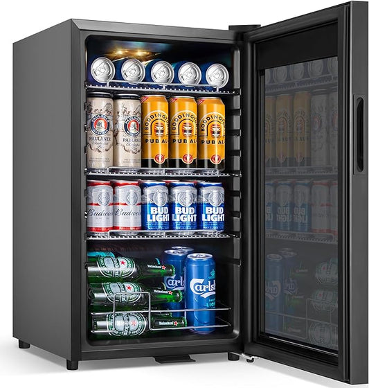 Beverage Refrigerator Cooler, 17 Inch 120 Cans Freestanding Mini Fridge with Glass Door, Adjustable Shelves and LED Light, Small Drink Fridge Counter-top Beer Fridge for Bedroom Office Bar
