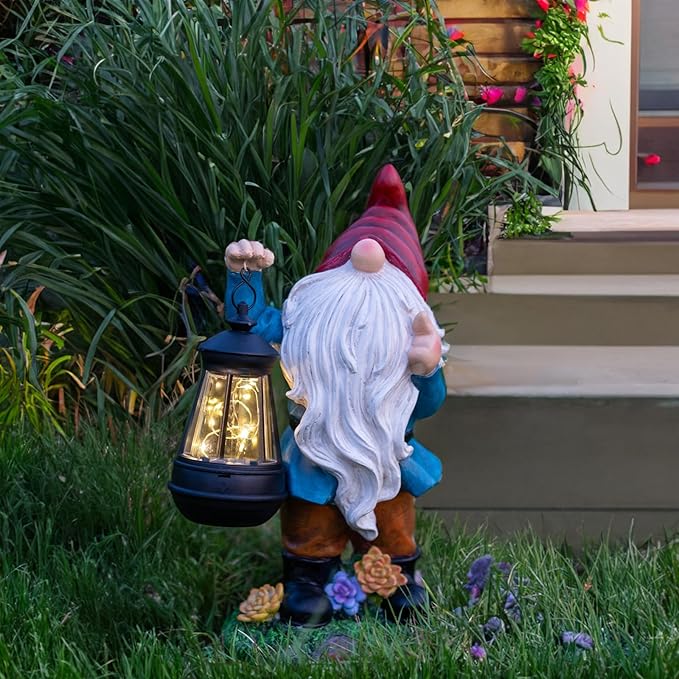 Solar Garden Statue Lights Gnome Figurine with Solar Lantern, Outdoor Garden Succulent Ornaments Waterproof, Fathers Day Mom Gifts for Outside Patio Yard Lawn Decor