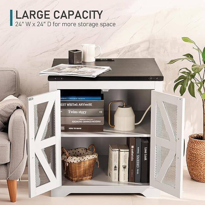 Farmhouse End Table, 24" Large Sofa Side Table with Charging Station, Mesh Barn Door, White Nightstand with Adjustable Storage Shelf, Square Nightstand for Living Room, Bedroom, Office
